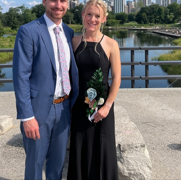 Floor length chiffon lace back black dress - Picture 3 of 5